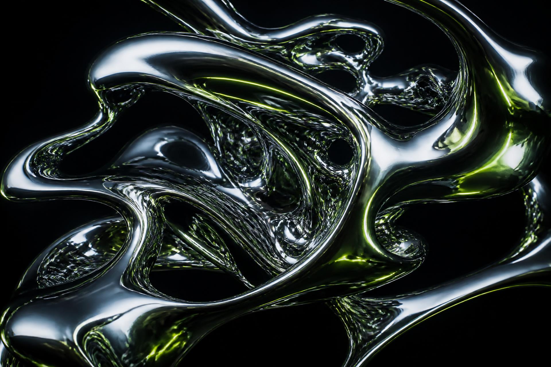 Liquid chrome sculpture lit with ember highlights